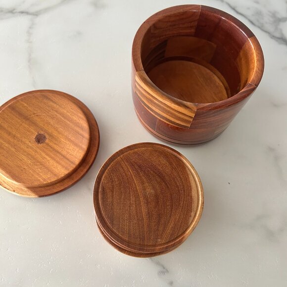 Mid Century Modern Teak Coaster Set Wood Box & 5 Coasters Handturned - Picture 6 of 10